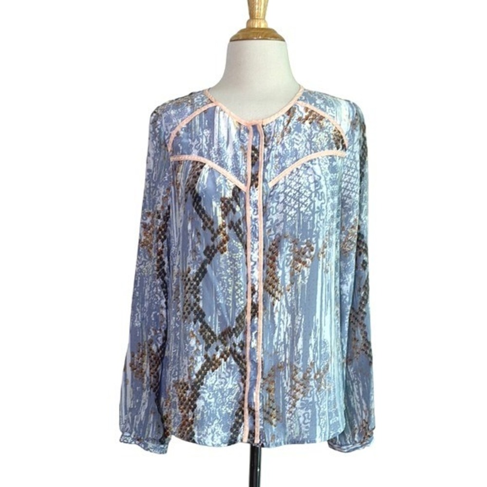 MAEVE Anthropologie Women Medium 100% Silk Long Sleeve Button Up Blouse Top‎ Art
